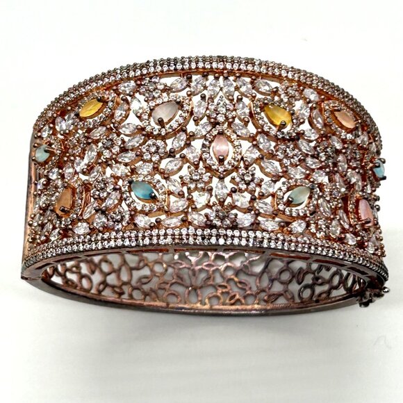 Vintage Filigree Hinge Bracelet Rose Gold-tone Rhinestones Safety Clasp - Picture 15 of 16